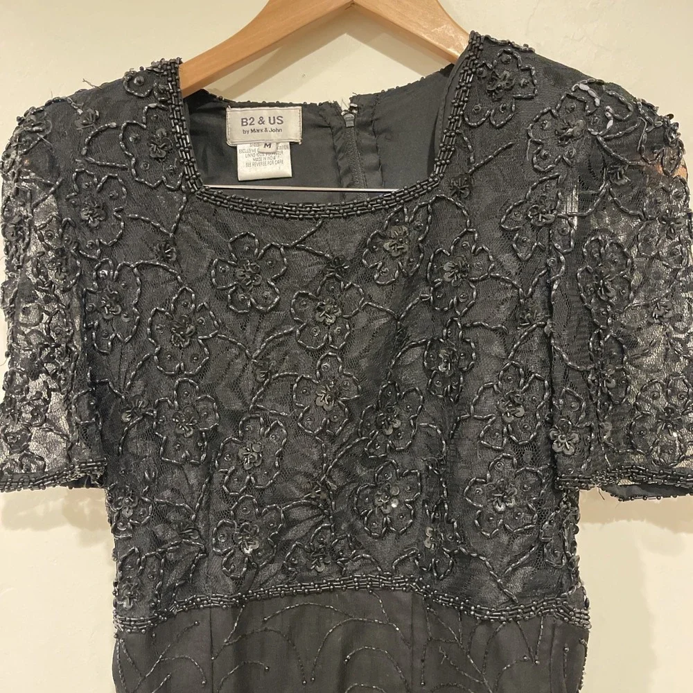 VTG B2 & US Beaded Silk Dress Sz M Black‎ Sequin Cocktail Glam Repair AS IS - Picture 3 of 12